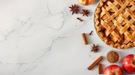 Top view of a freshly baked apple pie with ingredients like cinnamon, star anise, and apples on a white marble background.