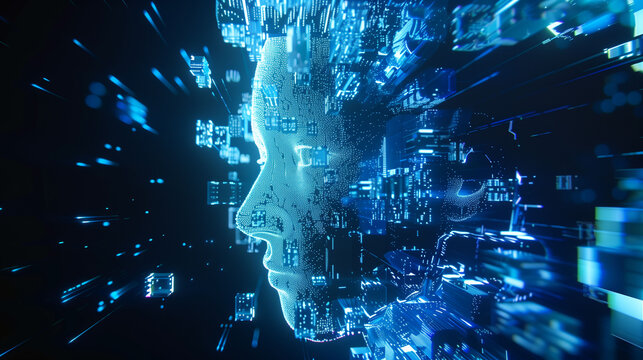 A man's face is shown in a blue and white color scheme with a lot of broken pieces. Concept of chaos and destruction, as if the man's face has been shattered into a million pieces