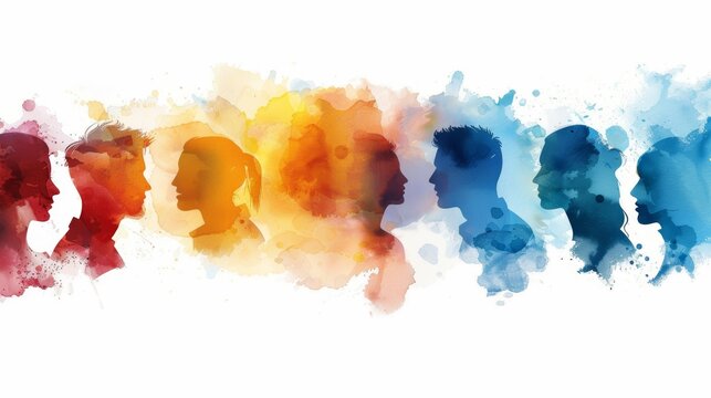 A row of colorful watercolor silhouettes of people's profiles, representing diversity and unity.