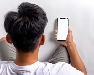 Young Man Lying on the Floor Using a Smartphone with a Blank Screen Isolated on White Background
