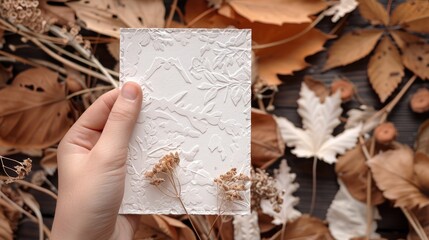 Autumn themed postcard mockup featuring dried flowers and leaves