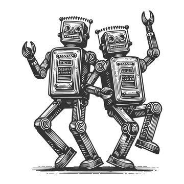 dancing robots black and white clip art preview