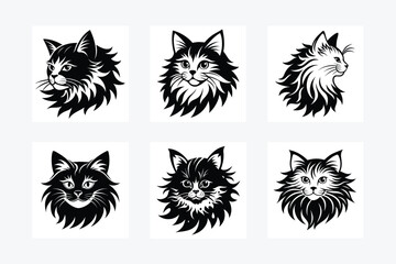 Persian cat, face logo, decorative splash hair, side view, vector art illustration white background
