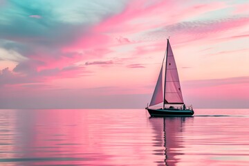 Fototapeta premium Lone Sailboat Silhouetted Against a Vibrant Sunset Over Calm Waters