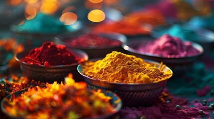 Various vibrant powders in bowls on a table.