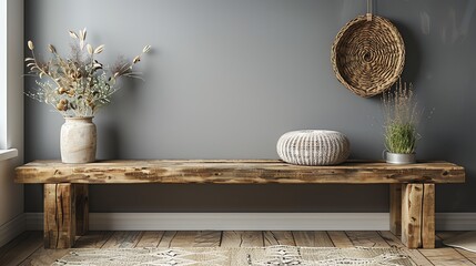 Rustic wooden bench with decorative elements in a modern living room.