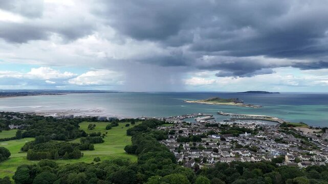 Drone shot of Howth village on the Howth Peninsula, east of central Dublin, the Republic of Ireland