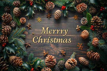Merry Christmas banner. Holly leaves, cones and red berries frame. Nativity card. December season. Top view