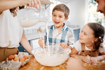 Parents, boy or girl in house for baking with milk, learning and development or kitchen bonding. Mother, father or children in family home with ingredients for cooking, help with breakfast for health