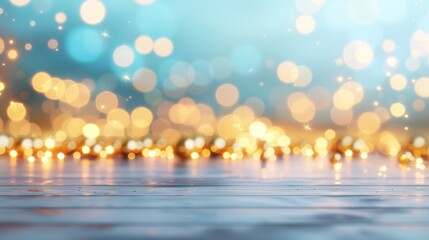 Festive bokeh lights on a blurred blue background, perfect for holiday celebrations, party invites, and joyful occasions.