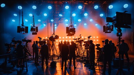 Film crew working on set, preparing for filming.