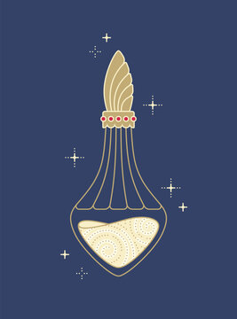 Elegant vintage perfume bottle. Whimsical cut-glass vial with magic golden elixir or potion. Vector illustration.
