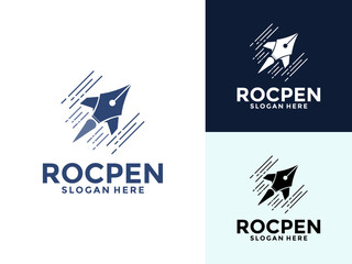 Pen Rocket logo vector template, creative combination speeding rocket with a pen