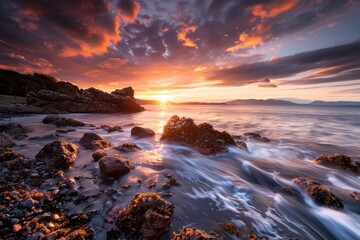 Obraz premium Dramatic Sunset with Waves Crashing on Rocky Coastline, Gale Force Winds and Twilight Sky, Breathtaking Nature Photography