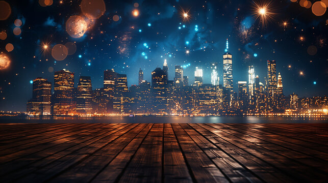 A wooden floor with fireworks in the night sky