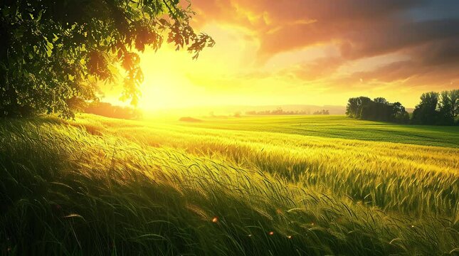 Golden dawn: Sunlight soaring over grassland during sunrise in serene landscape
 Seamless looping 4k time-lapse virtual video animation background. Generated AI
