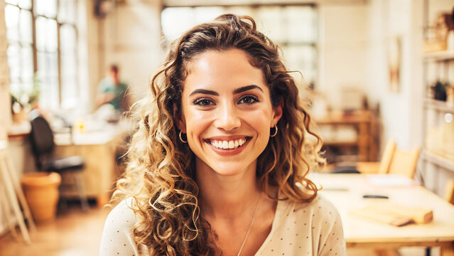 Mujer emprendedora sontiente. Chica guapa de negocios con el rostro feliz. Freelance al frente de su negocio con valent&iacute;a.	
