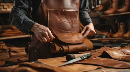 Close-up of a leather craftsman's hands and tools working with genuine cow skin in a workshop. Studio shot.
