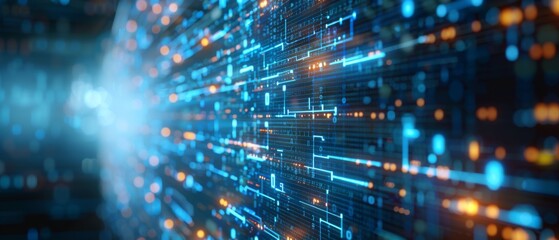 Futuristic digital data flow concept. Abstract technology background with glowing lines and digital nodes illustrating data exchange.