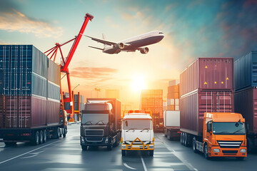 freight logistics vehicles including trucks, containers, and air transport ships, highlighting seamless supply chain integration and global logistics efficiency.