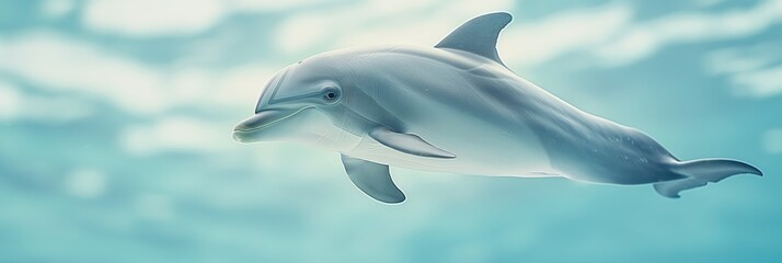 Beautiful underwater scene with dolphin, wide panoramic banner with copy space or web site header.