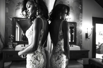 Bride standing in front of a full-length mirror, wearing a stunning lace wedding gown with a flowing train and intricate beadwork, her face glowing with happiness and anticipation