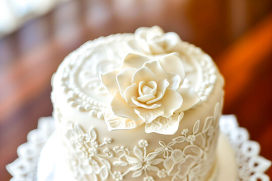 Wedding cake adorned with intricate sugar flowers and delicate piping, standing tall as a centerpiece at the reception and tempting guests with its sweet and elegant design
