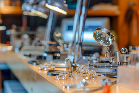 Jeweler at work in their studio, with magnifying glasses and precision tools laid out on a workbench as they meticulously craft a delicate pendant or intricate bracelet by hand - Powered by Adobe