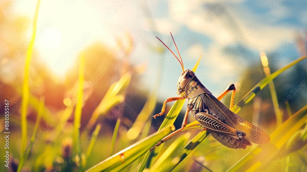 Poster a grasshopper sitting on a blade of grass in a sunny field.