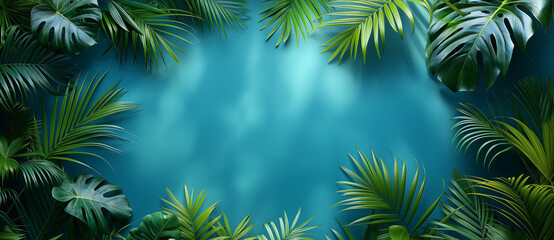 Beautiful palm leaves on blue background with copy space