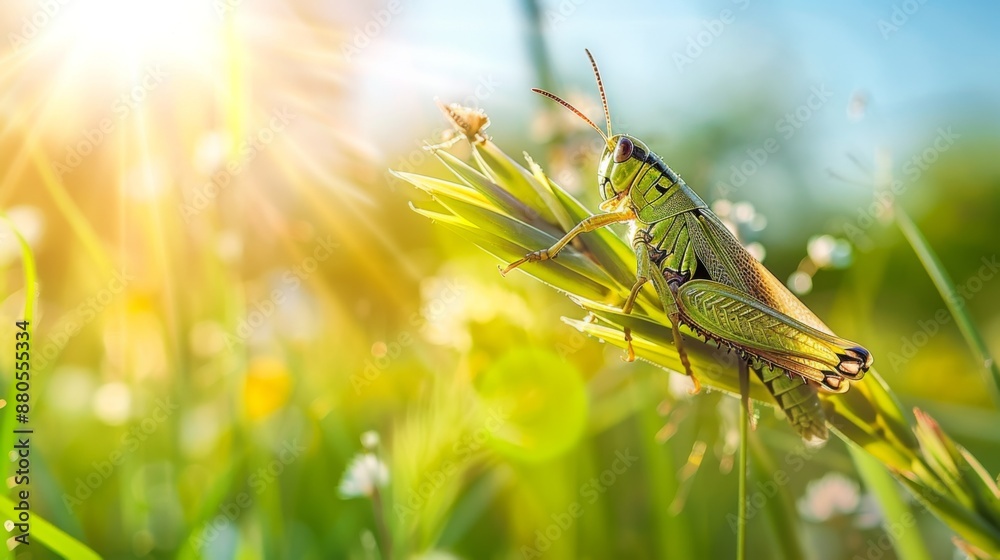 Poster a grasshopper sitting on a blade of grass in a sunny field.