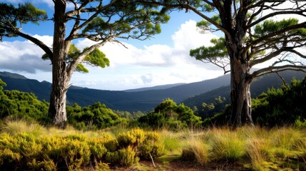 Obraz premium Scenic landscape view with lush greenery, hills in the distance, and two large trees framing the serene outdoor scene under a blue sky.