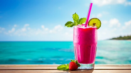 Obraz premium Watermelon smoothie summer drinks on summer beach background