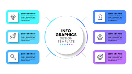 Infographic template. Circle in the middle connected to 6 steps