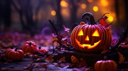 Fototapeta premium Halloween pumpkin and candles in spooky hallow decoration, purple light, spooky background with copy space.