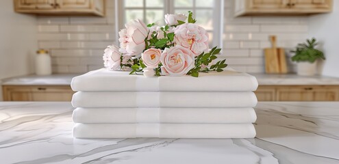 several white towels on the table and a bunch of pink roses on it in a room