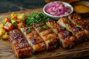 A serving of podsherevok, a roasted pork belly dish, sliced and served with mustard and pickled vegetables. 