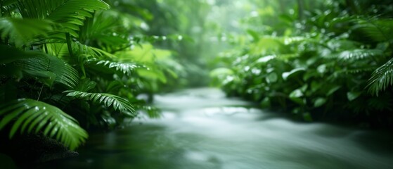 Obraz premium Lush green rainforest with a tranquil flowing stream, surrounded by dense foliage and vibrant plant life, creating a serene natural landscape.