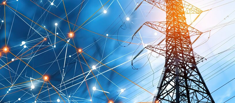 a high-voltage electric pole and neon lines and beams of light from above