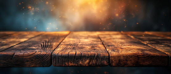 Empty old wooden table with abstract dark background, top view for product display montage