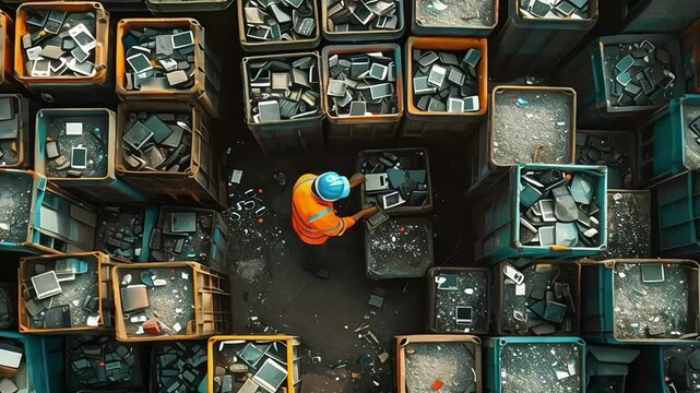 Workers sorting and processing electronic waste at a recycling facility equipped with advanced separation and recycling technologies