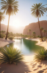 Obraz premium Oasis dune desert landscape. Lake and palm trees. Travel and vacation vertical sunny background.