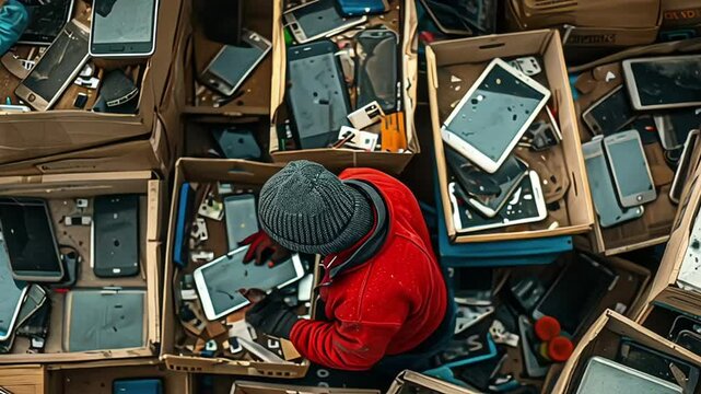 Workers sorting and processing electronic waste at a recycling facility equipped with advanced separation and recycling technologies