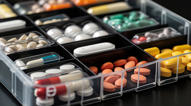 Pills organized in a daily pill organizer box with days of the week labeled