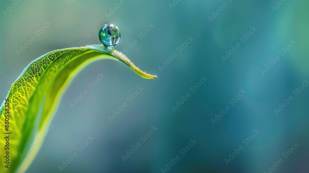 Aufkleber A macro shot of a single water droplet balancing on the tip of a leaf.