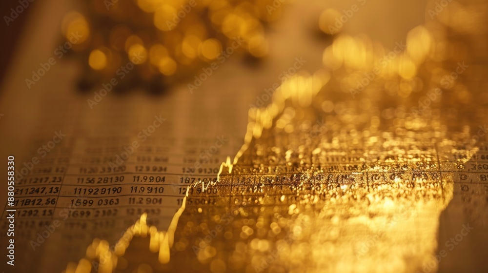Poster a macro shot of a gold price graph printed on a financial newspaper.