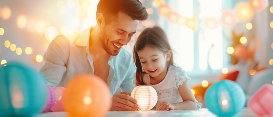Protected homebased crafting session, family making colorful paper lanterns, bright living room, Watercolor, Fun and creative