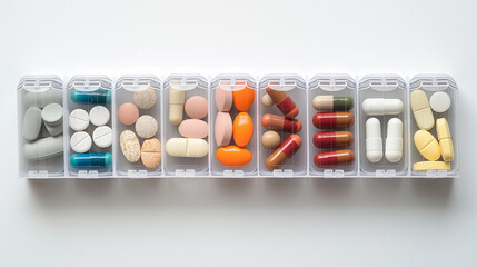 Pills organized in a daily pill organizer box with days of the week labeled