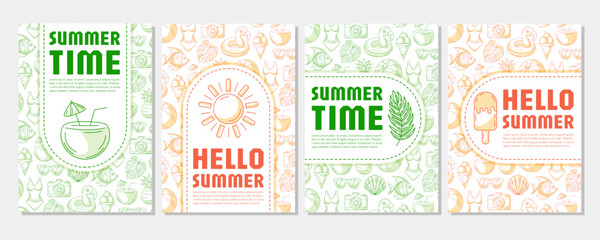 Set of summer beach vertical poster a4, vector orange and green modern minimalist design with seasonal line icons pattern. For banner, cover, notebook, card, invitation, advertising or planner