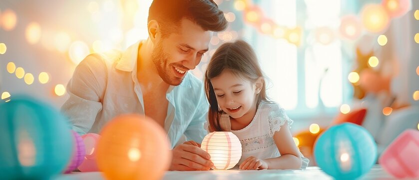 Protected homebased crafting session, family making colorful paper lanterns, bright living room, Watercolor, Fun and creative